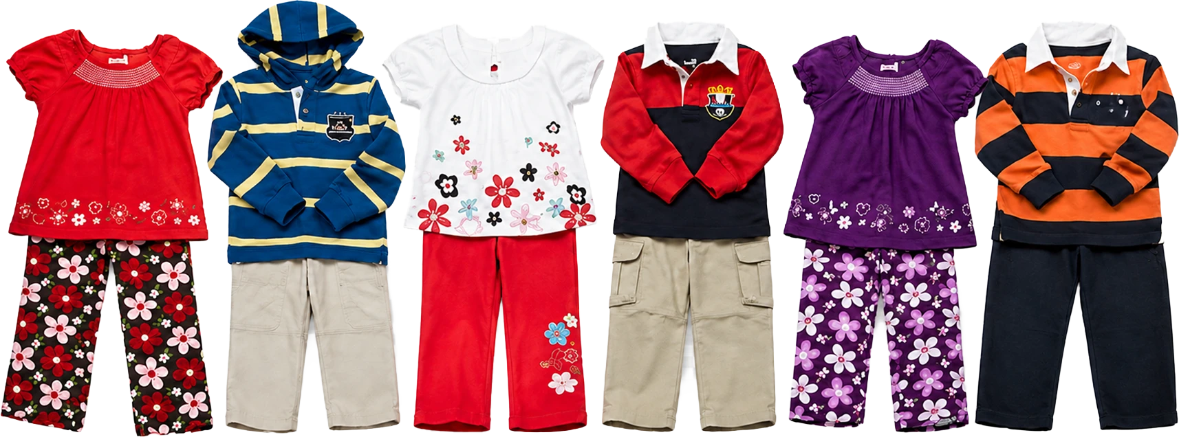 Six complete kids' outfits laid out side by side